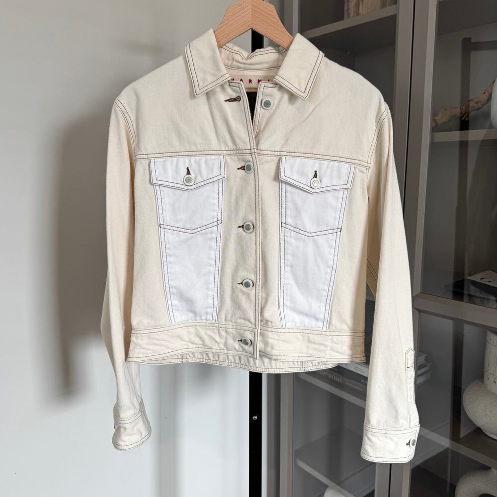 Marni Two Tone Denim Jean Trucker Jacket Neutral Beige Ivory Cropped Cotton 42 M